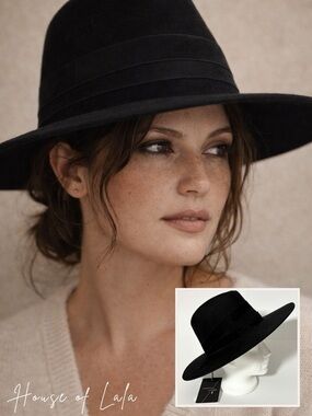 NWT Janessa Leone Wool Felt Rancher Hat Black Wide Brim Double Band